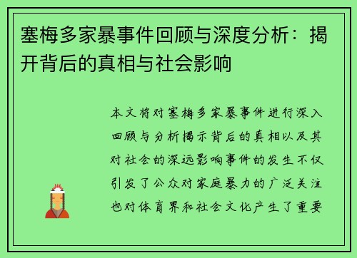 塞梅多家暴事件回顾与深度分析：揭开背后的真相与社会影响