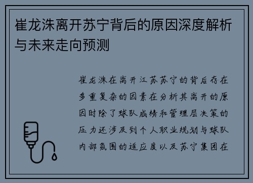 崔龙洙离开苏宁背后的原因深度解析与未来走向预测